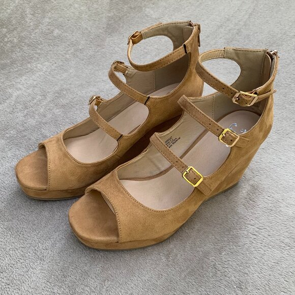 Journee Collection Skyla Tan Microsuede Strappy Peep Toe Demi Wedges - Picture 2 of 15